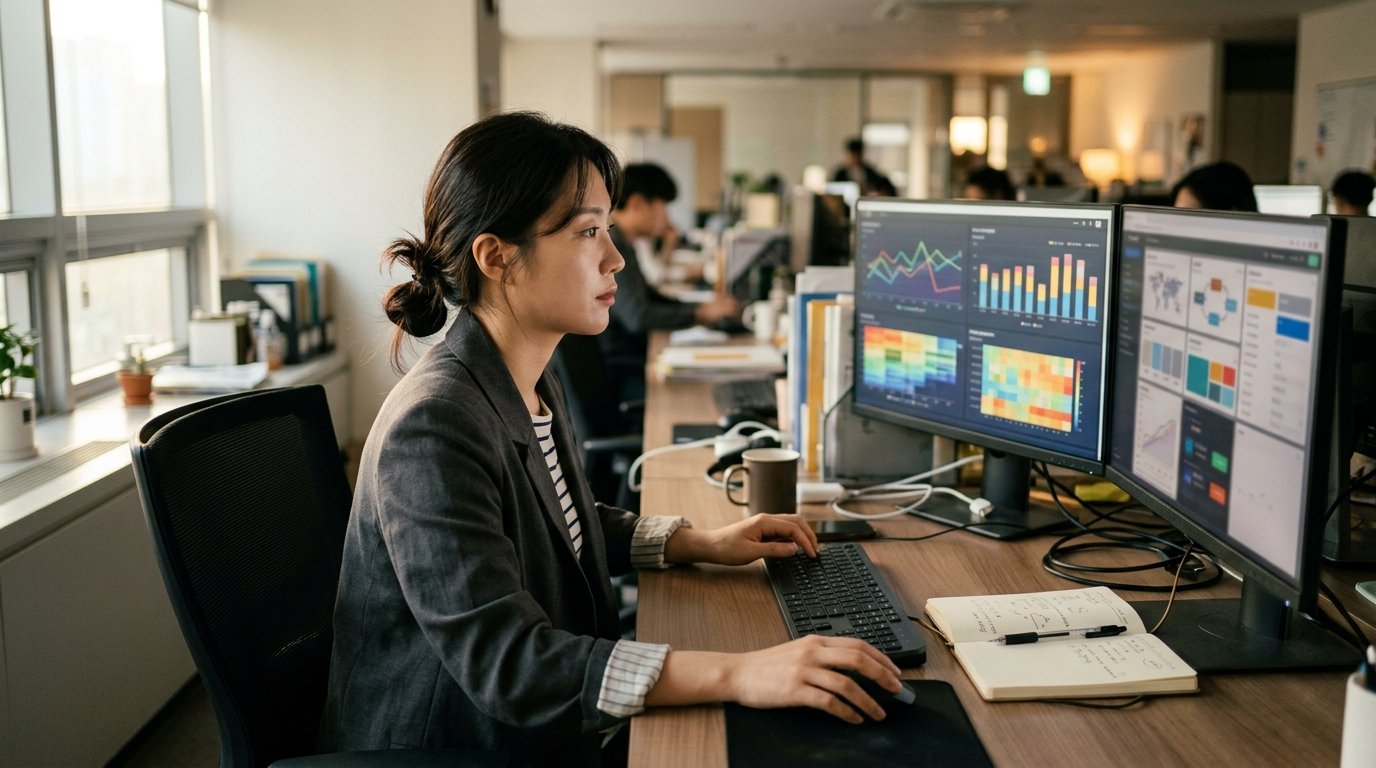 두 대의 모니터로 데이터 변화를 점검하는 실무자의 모습