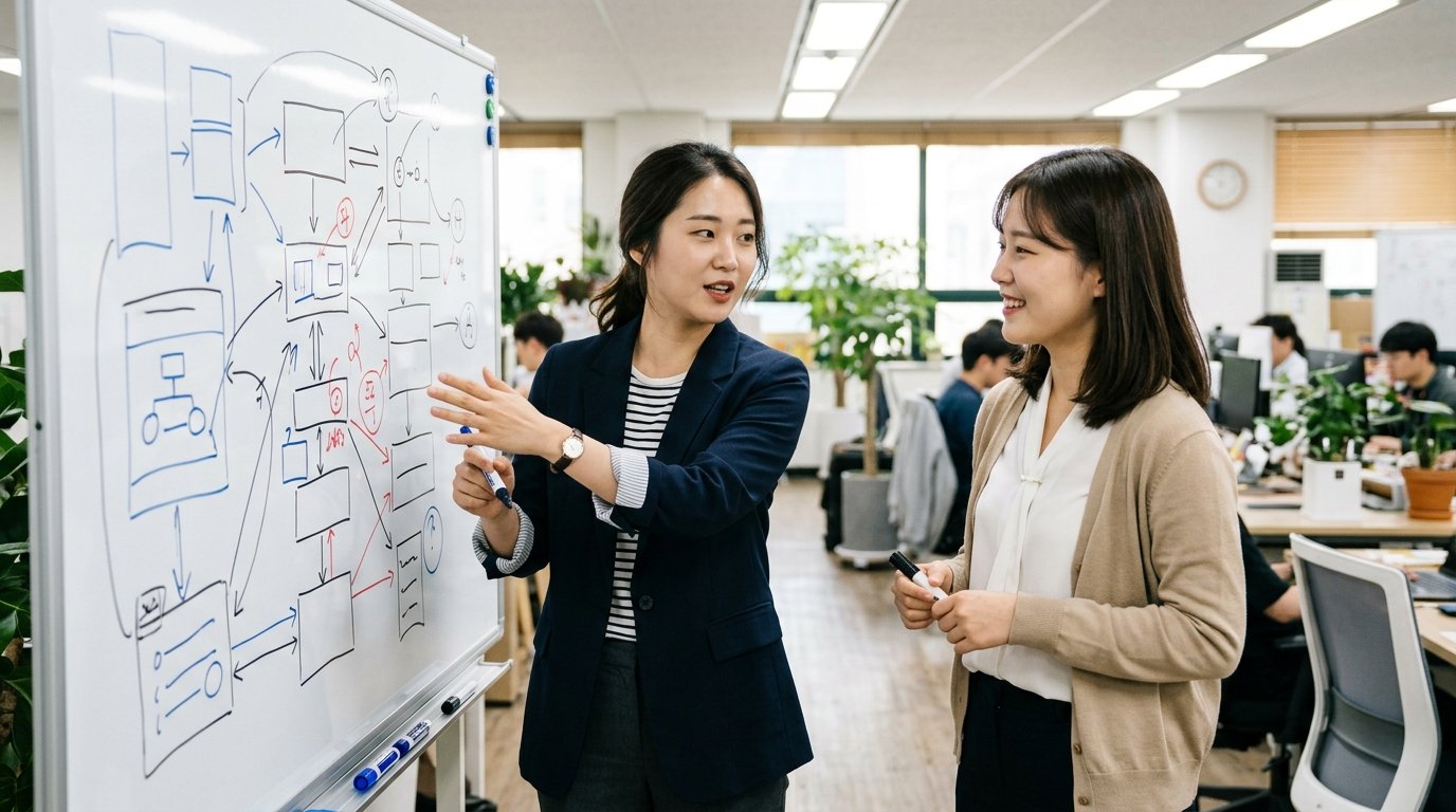 화이트보드에 구조도를 그려 가며 작업 순서를 논의하는 두 사람