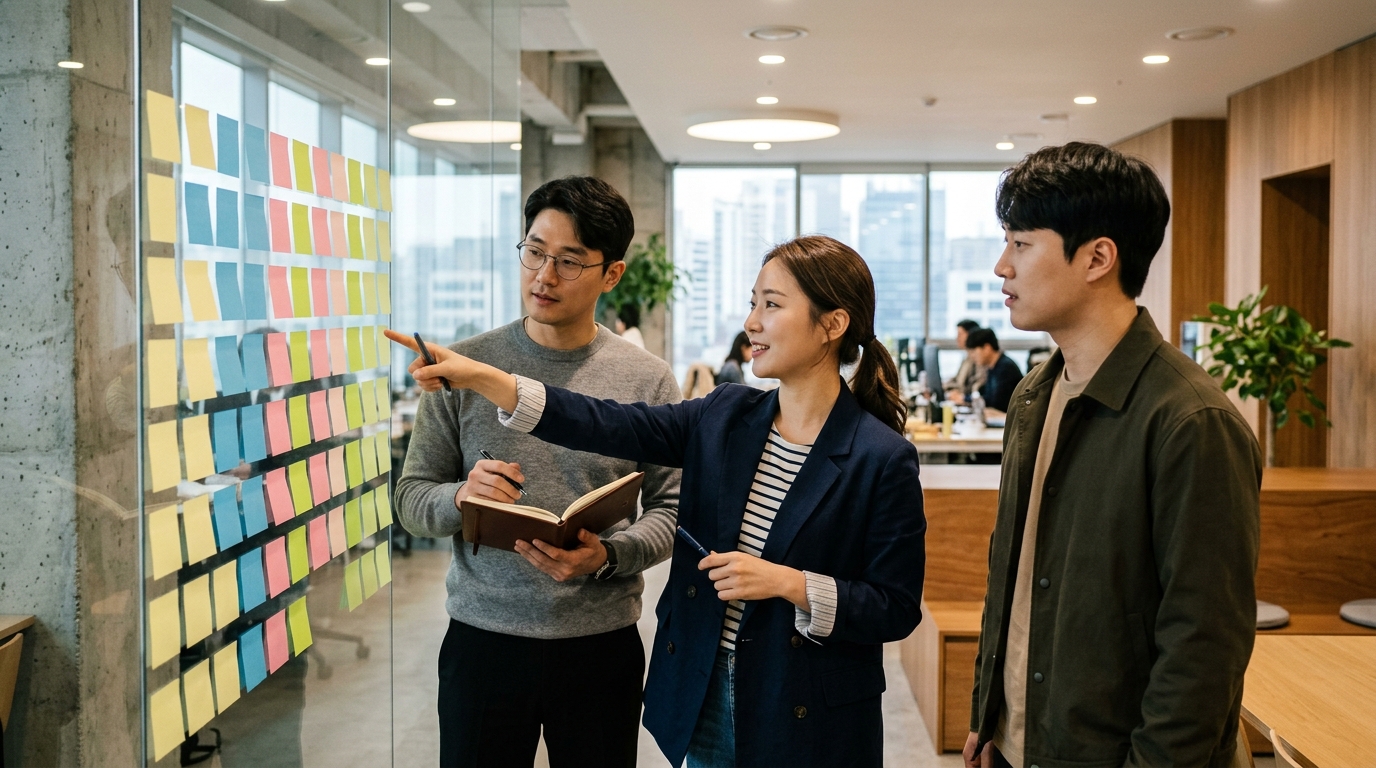 빈 포스트잇이 월별 격자로 붙은 유리 벽 앞에서 콘텐츠 계획을 논의하는 마케팅 담당자들