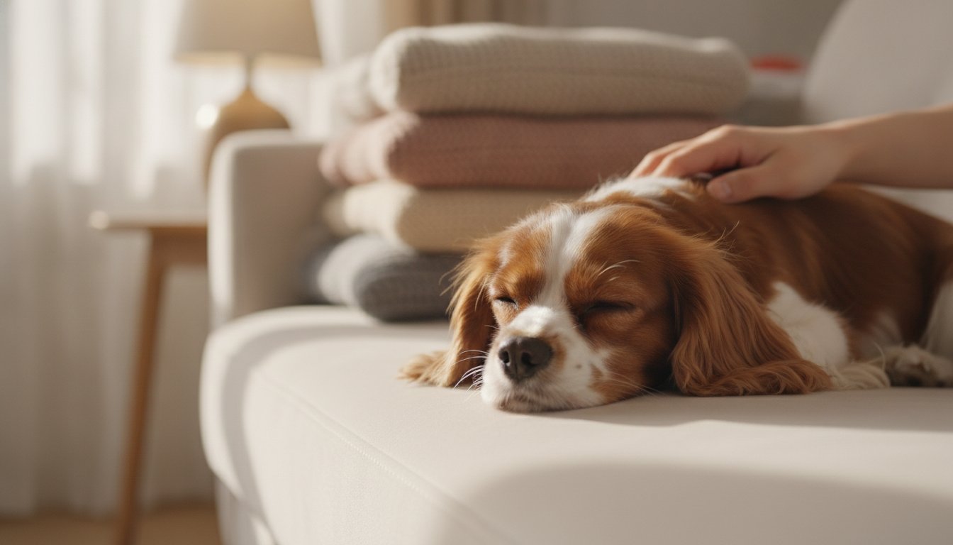 증상이 없어 보이는 건강한 소형견이 집에서 쉬고 있는 모습
