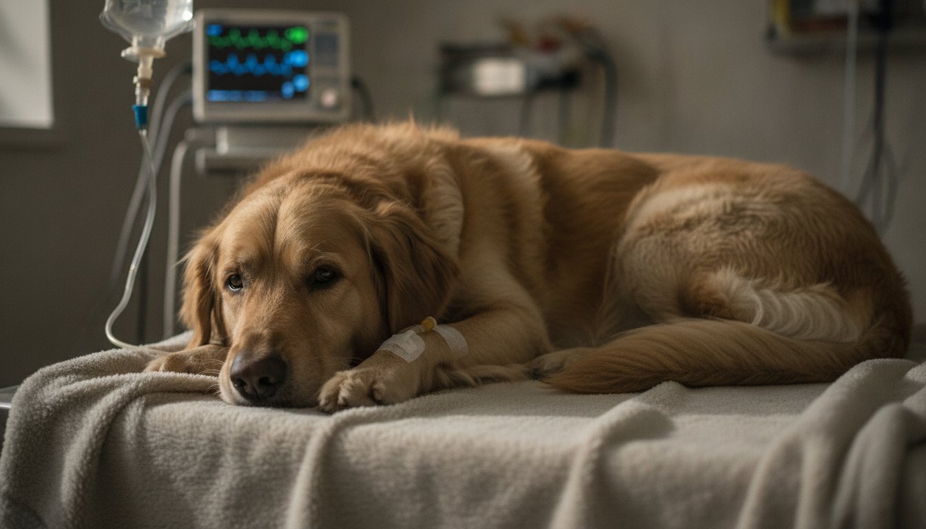수액을 맞으며 안정 중인 무기력한 강아지