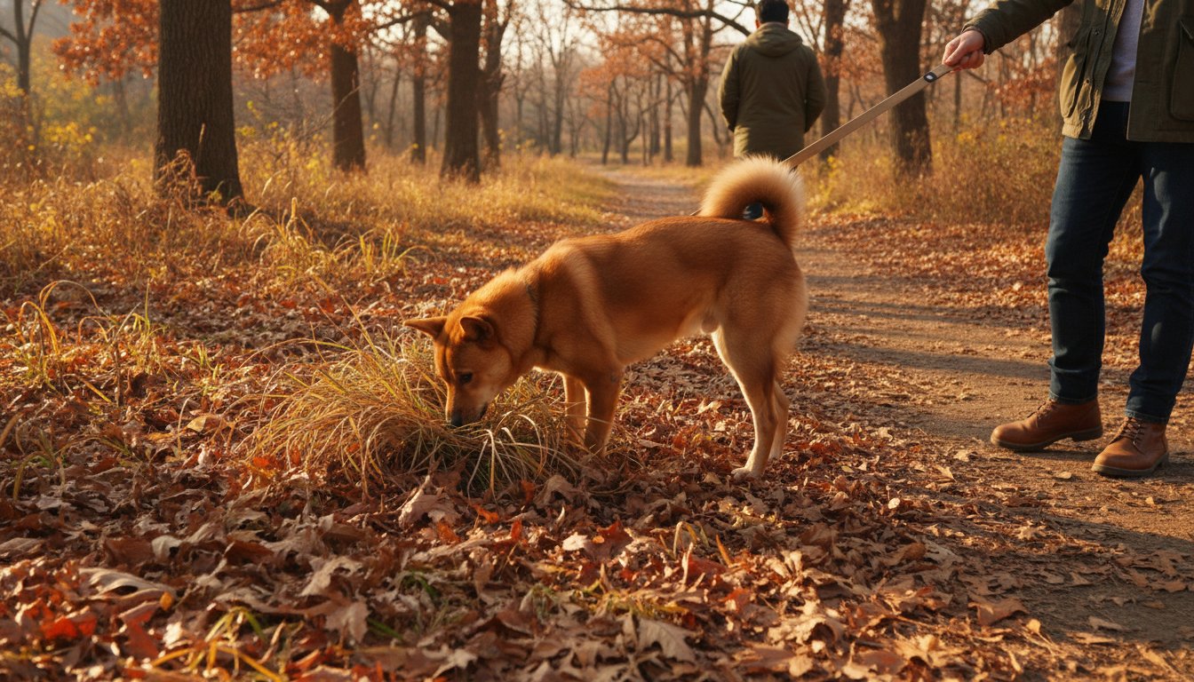 가을 산책로 풀숲에 코를 대고 냄새를 맡는 강아지