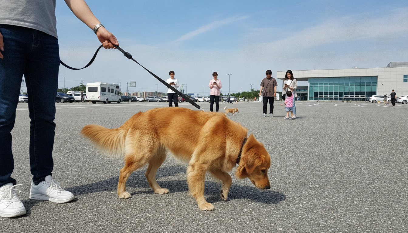 휴게소 평지에서 리드줄을 하고 천천히 걷는 강아지