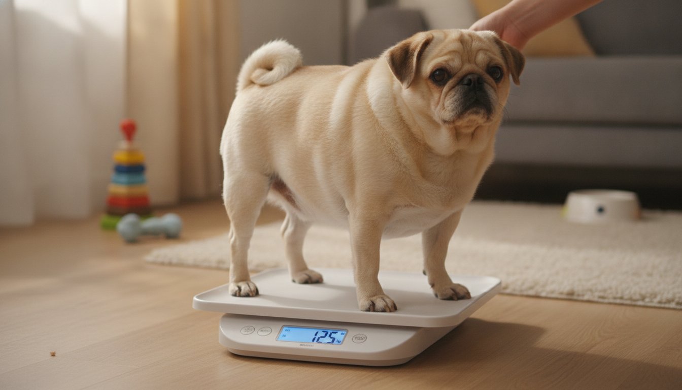 체중계 위에 서 있는 소형견