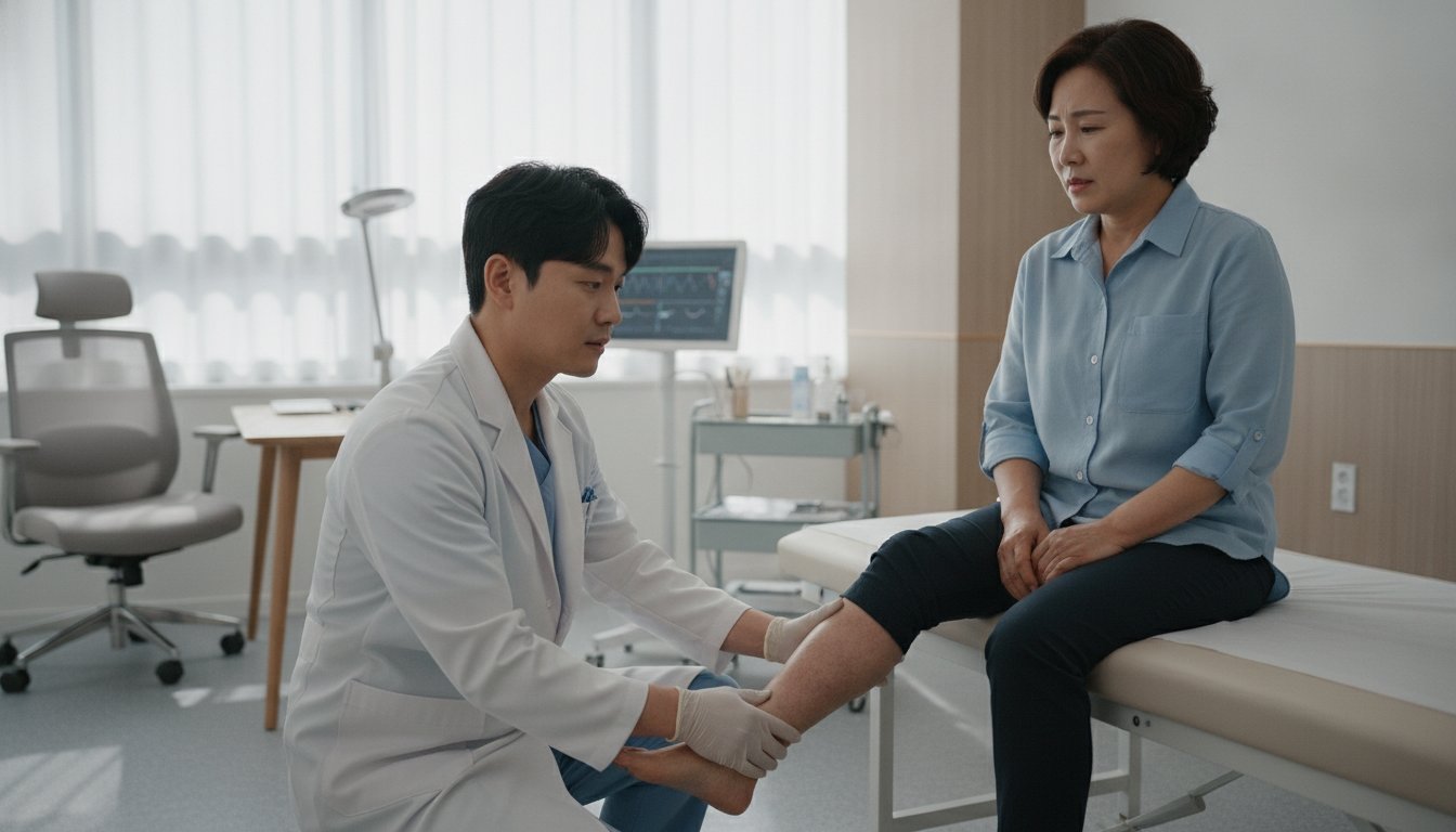 진료실에서 의사가 환자의 다리 부종을 진찰하는 모습