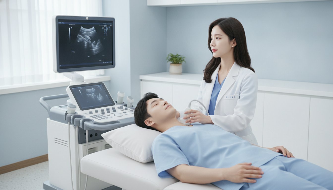 목 초음파 검사를 받는 환자 모습