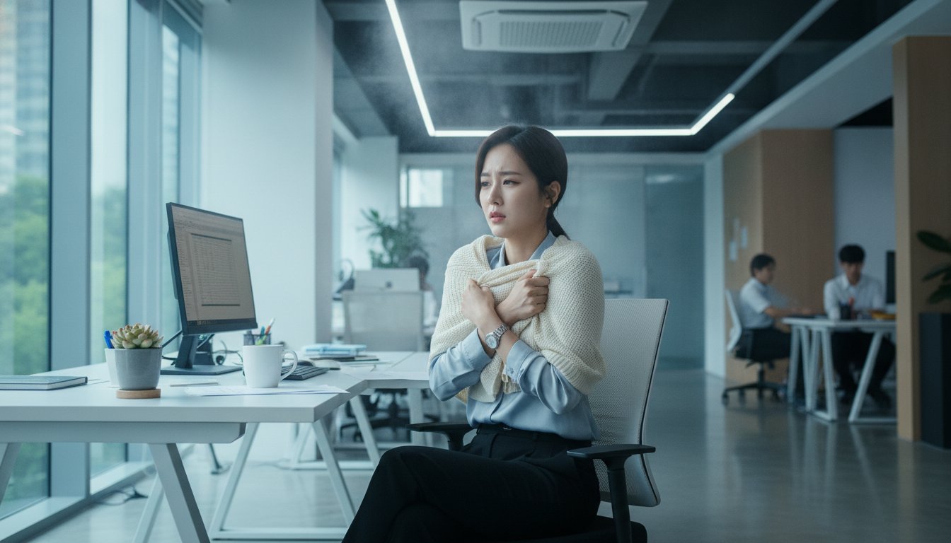 에어컨 찬바람에 몸이 차가워져 겉옷을 걸친 한국인 직장인