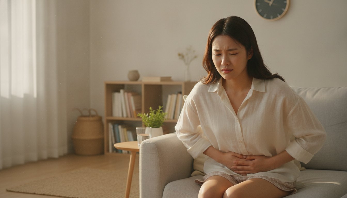 여름철 배탈로 복부를 감싸고 있는 한국인 여성