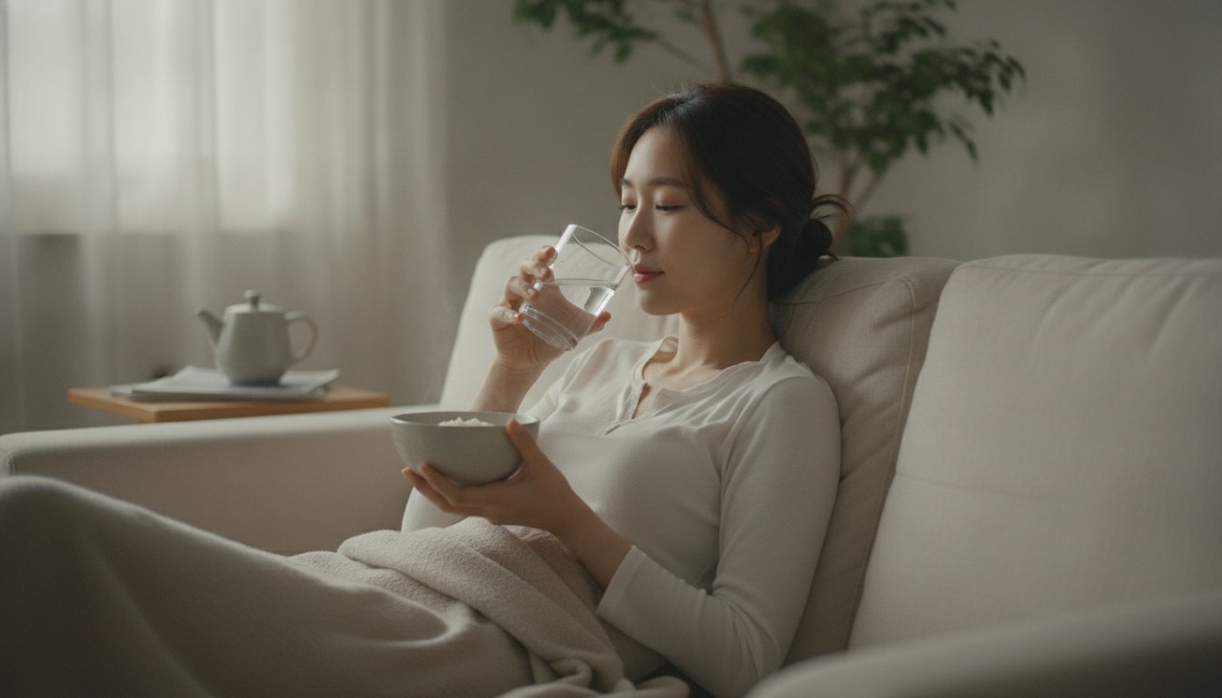 죽과 물로 수분을 보충하며 휴식하는 한국인