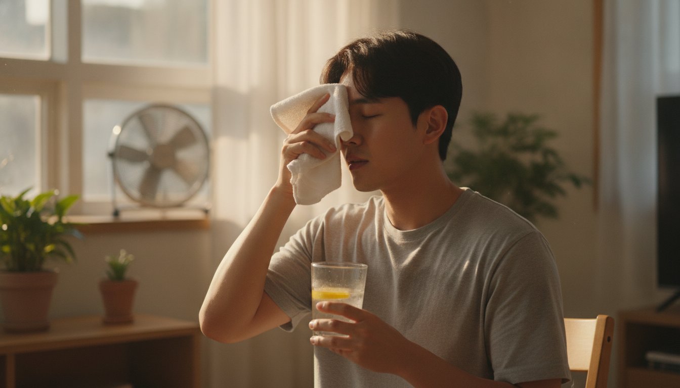폭염 속 땀을 흘리며 물을 마시는 한국인