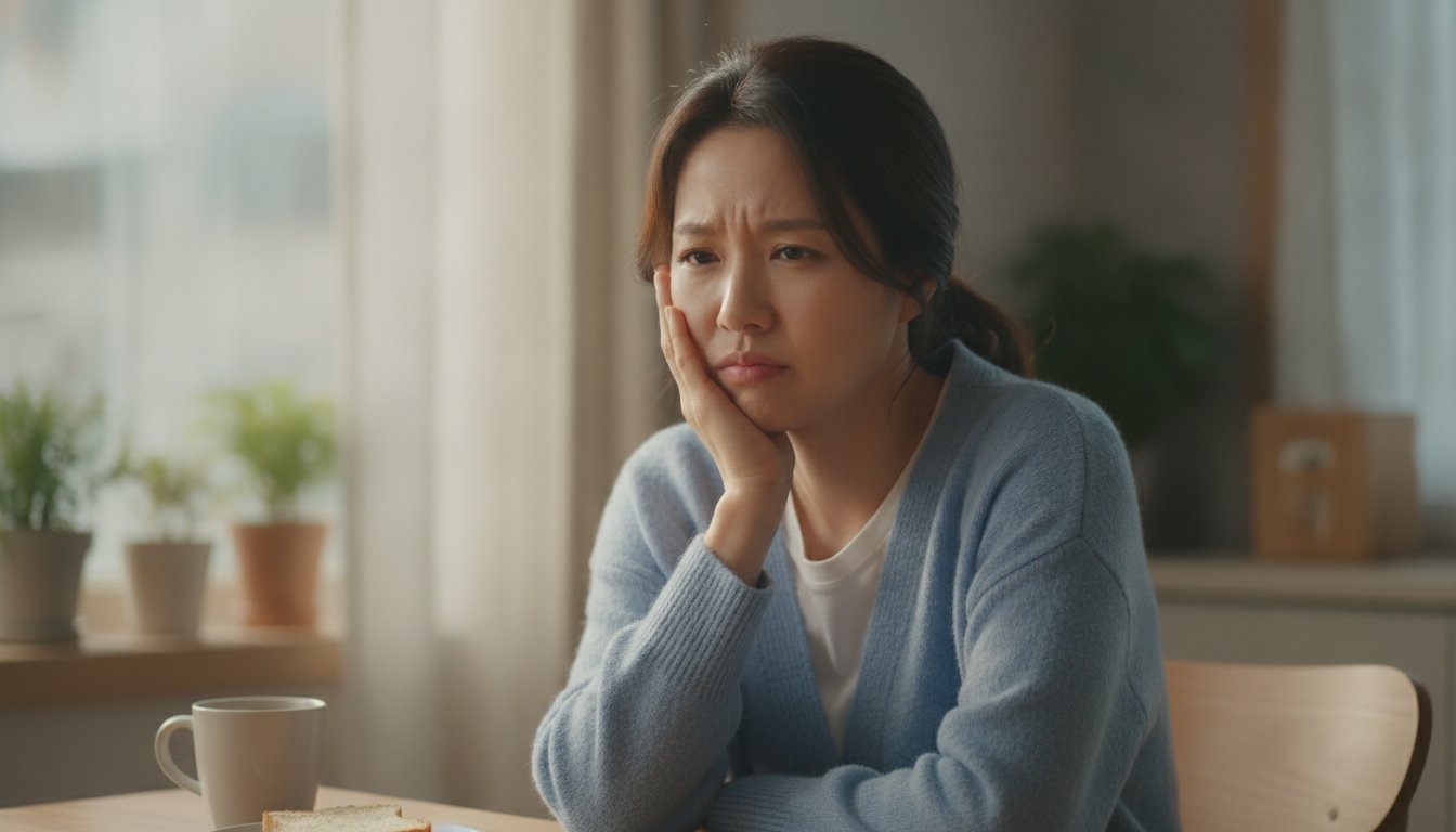 입안에서 쓴맛을 느끼며 불편해하는 한국인 여성