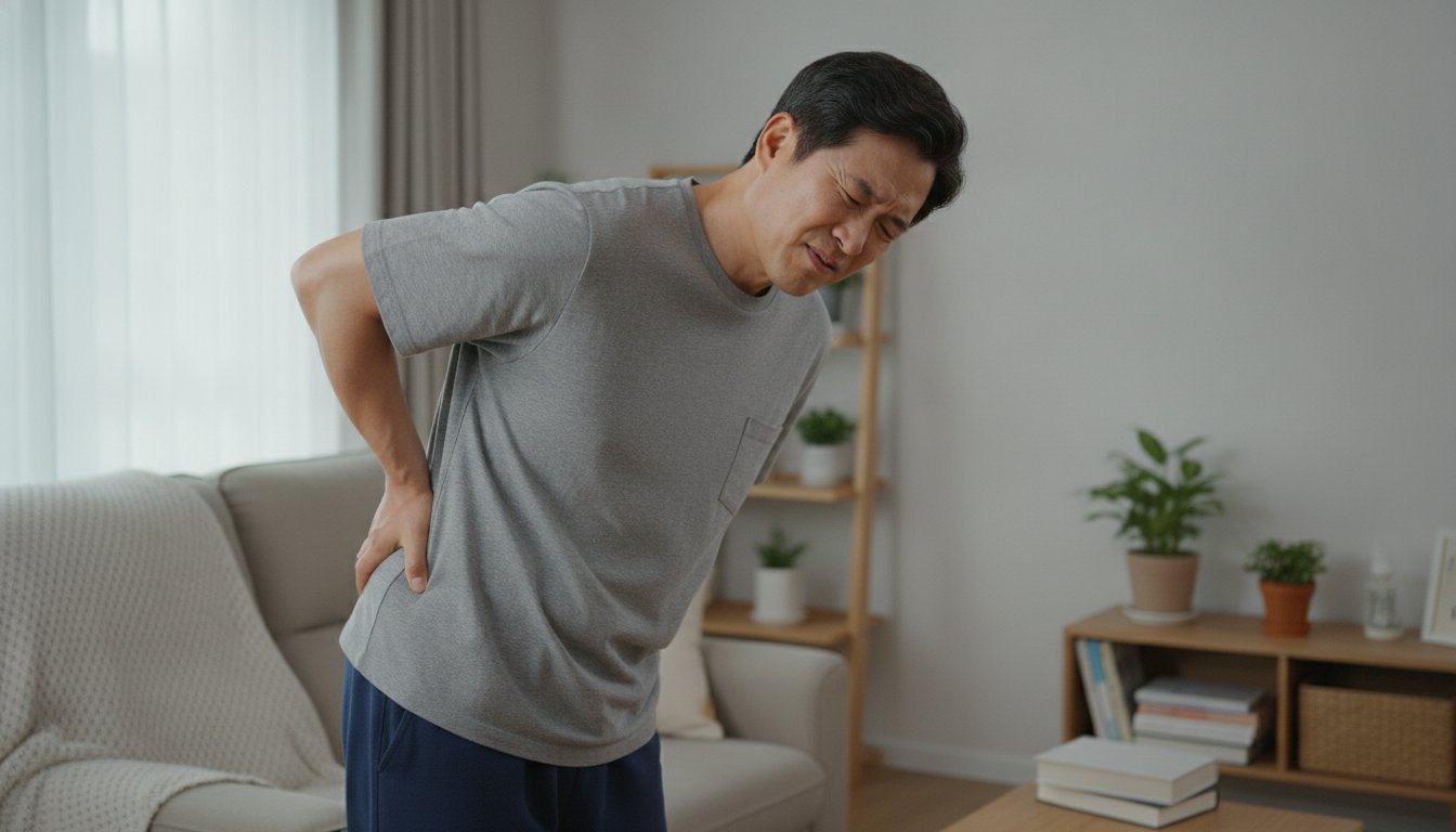옆구리 통증을 느끼며 손으로 옆구리를 짚고 있는 한국인 중년 남성