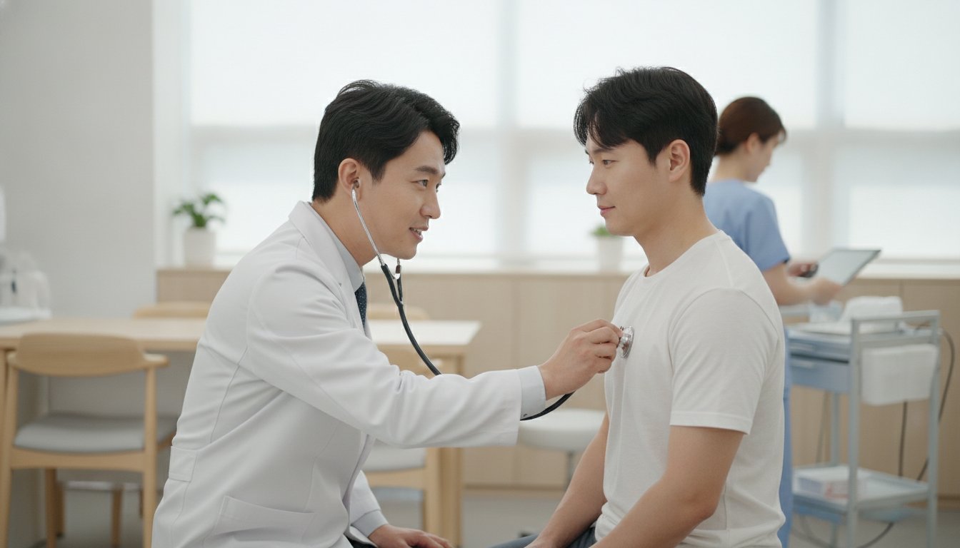청진기로 진찰하는 한국인 의사