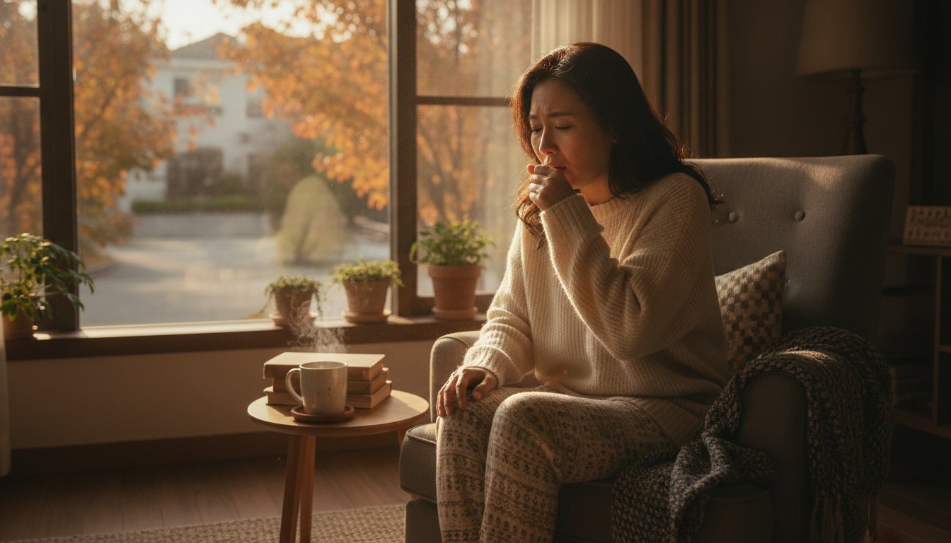 환절기에 기침하는 한국인 여성