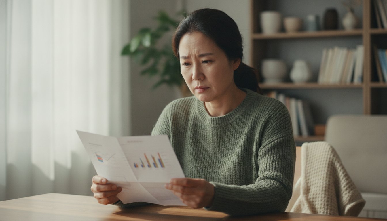 위내시경 결과지를 확인하며 걱정하는 한국인 환자