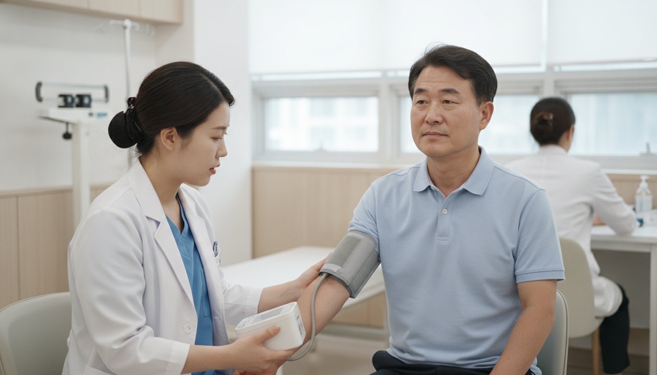 국가건강검진에서 혈압을 측정받는 중년 남성