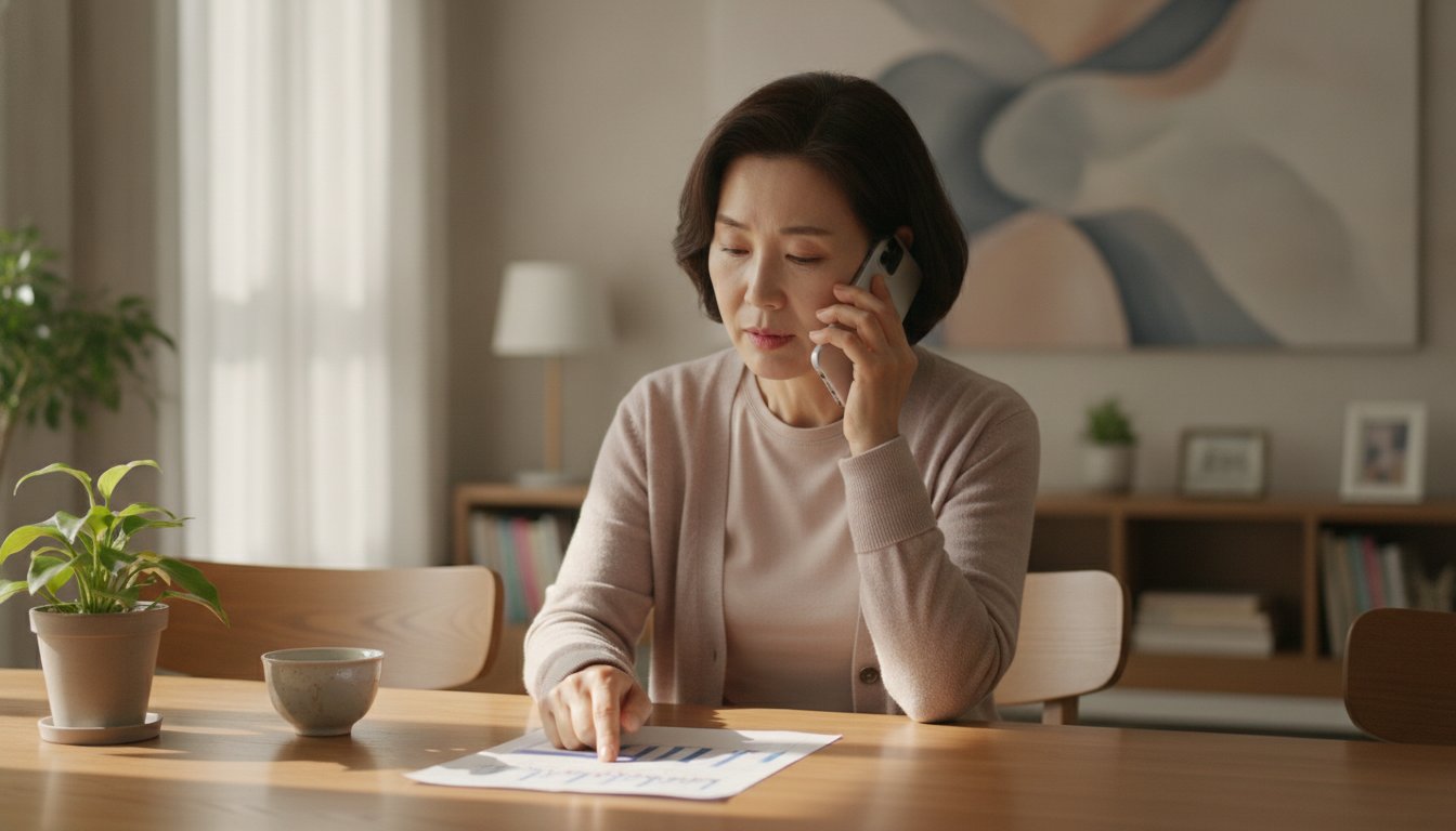 국가건강검진 예약을 위해 전화하는 여성