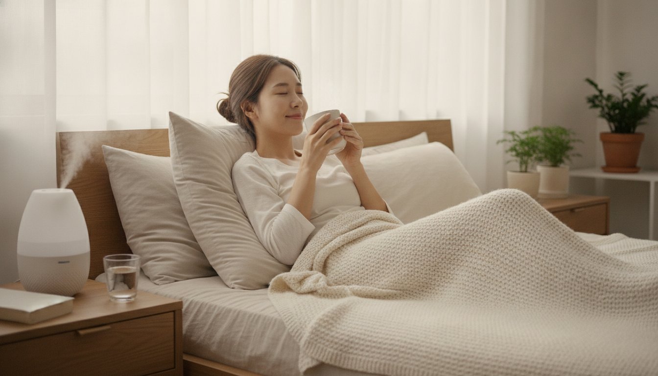 휴식과 수분 섭취로 감기를 관리하는 모습