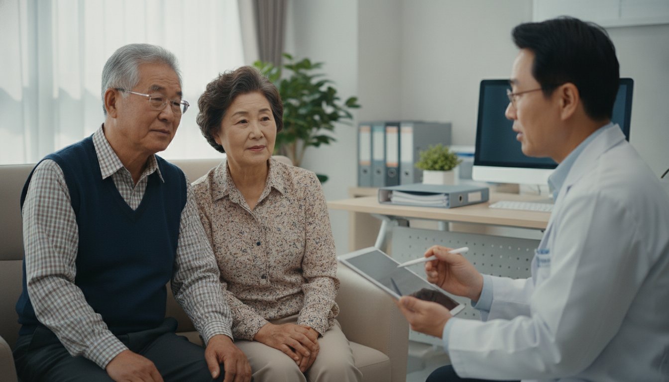 건강검진 결과를 상담받는 노년 부부
