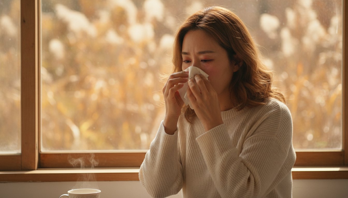 맑은 콧물과 눈 가려움으로 불편해하는 알레르기 비염 환자