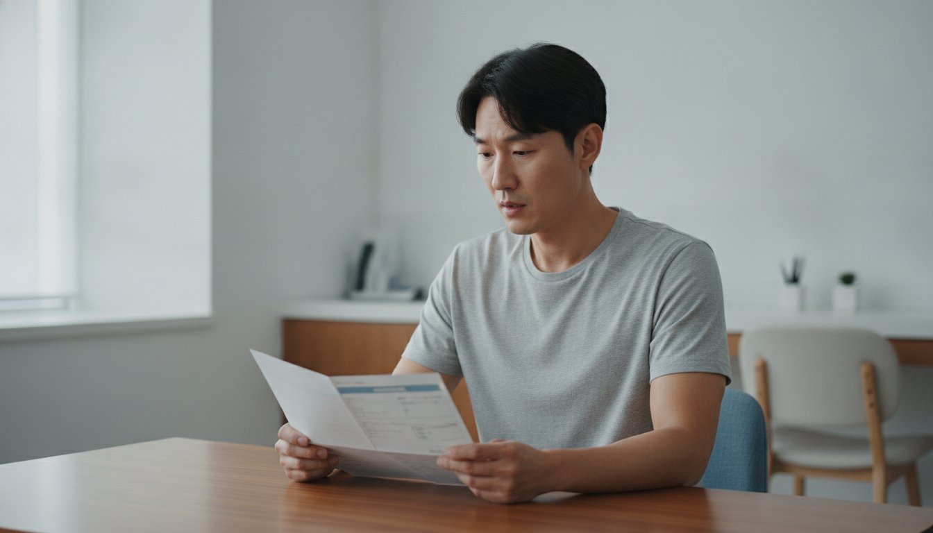 마른 체형의 사람이 콜레스테롤 수치가 적힌 건강검진 결과지를 보는 모습