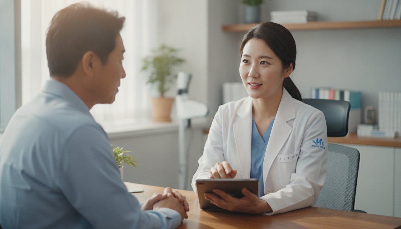 의사가 당화혈색소 수치 결과를 환자에게 설명하는 모습