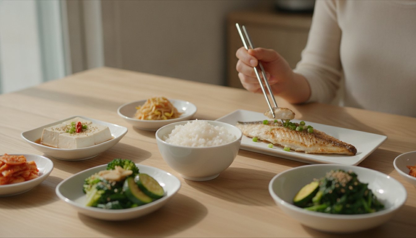 작은 그릇에 담긴 담백한 생선·두부·채소 위주의 소량 식사