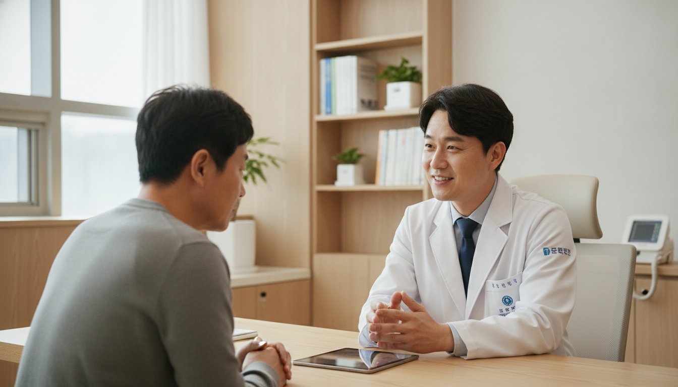 내과 진료실에서 의사가 환자에게 다이어트 주사 부작용 관리를 설명하는 모습