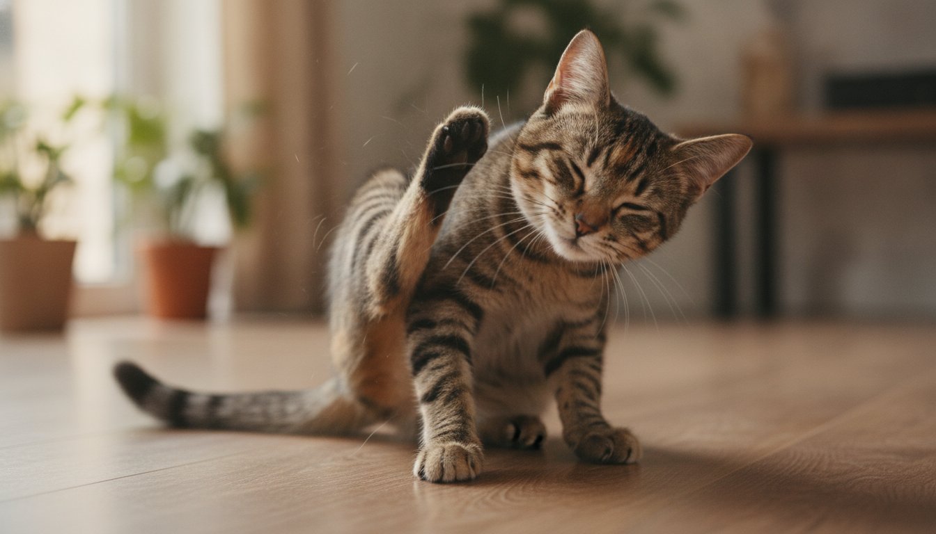 뒷발로 귀를 긁는 어린 고양이