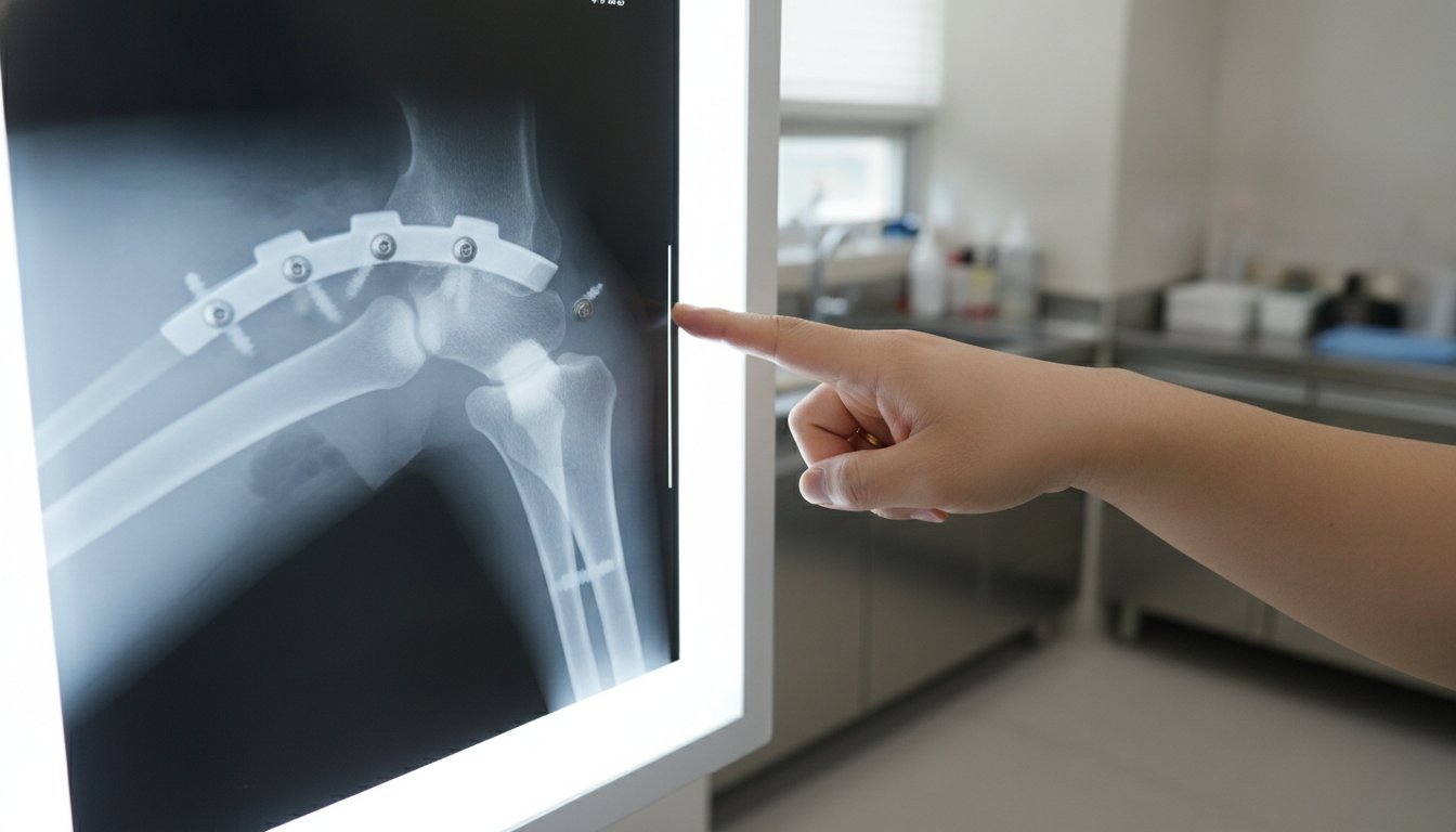 TPLO 수술 후 절골면에 금속판과 나사가 고정되고 가골이 형성된 엑스레이