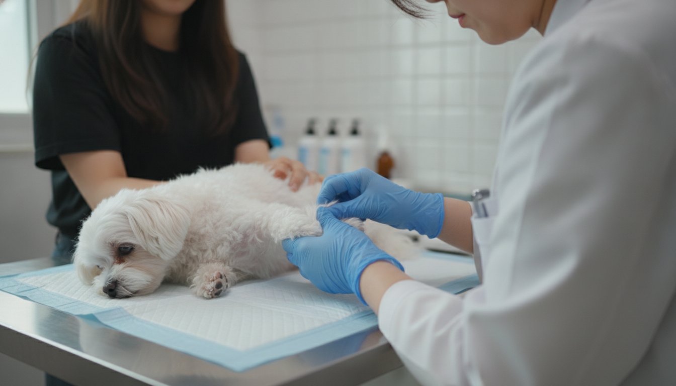 강아지 무릎 관절을 촉진하는 수의사의 손