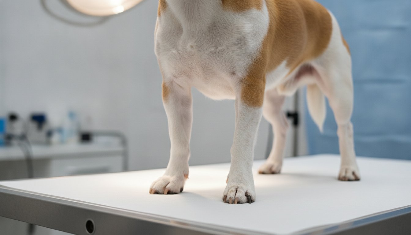 진료대 위에 선 소형견의 뒷다리와 무릎 관절 근접 사진