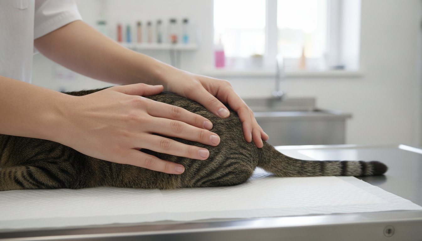 수의사가 고양이 꼬리 밑동을 촉진하며 신경 상태를 확인하는 모습