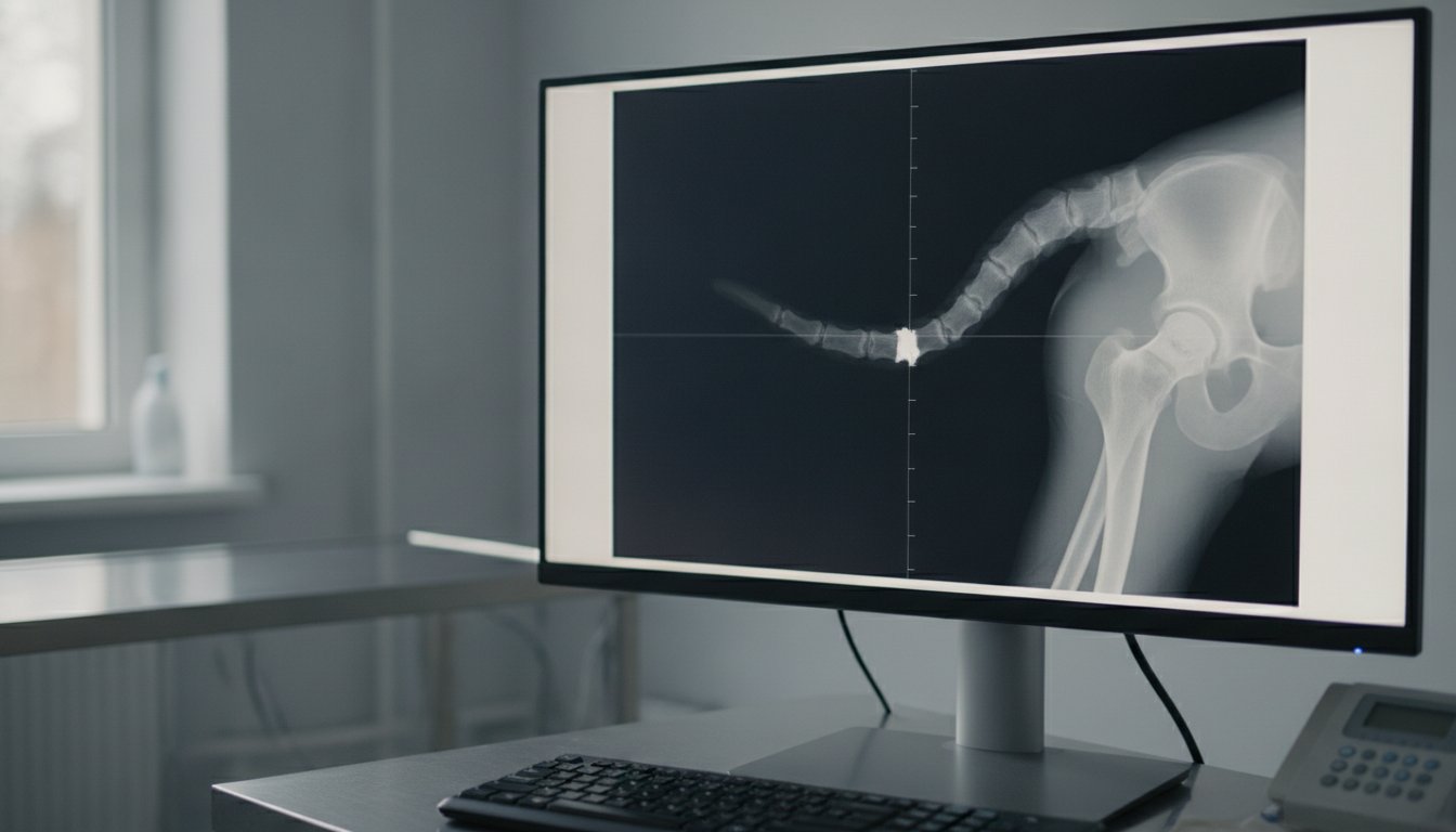 고양이 꼬리뼈 골절을 보여주는 X-ray 방사선 사진