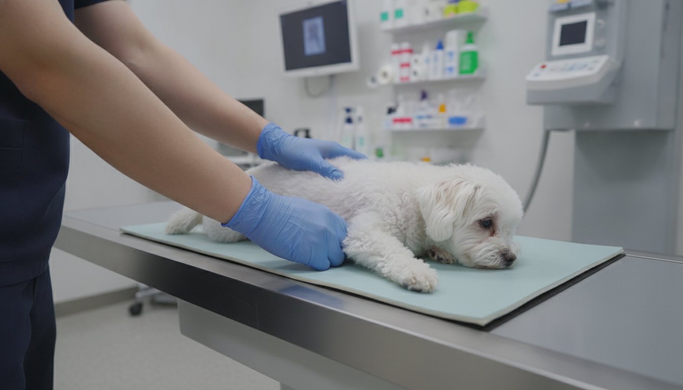 동물병원에서 강아지 척추 X-ray 검사를 준비하는 장면