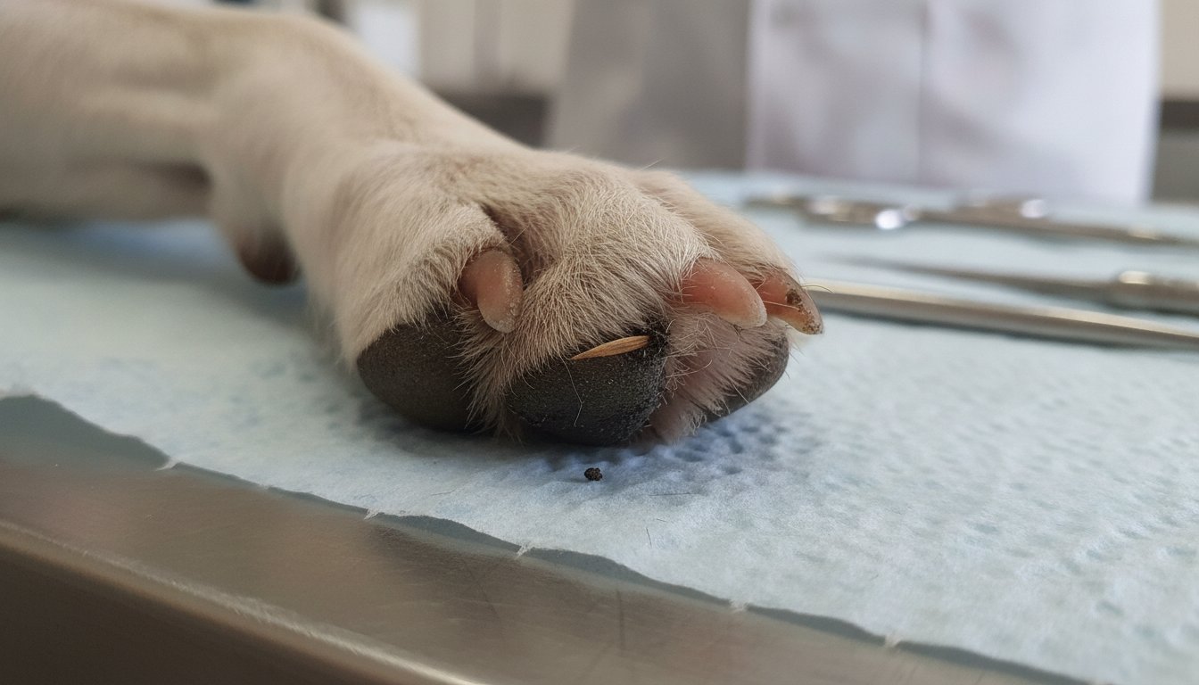 강아지 발가락 사이에 이물이 낀 발바닥 근접 사진