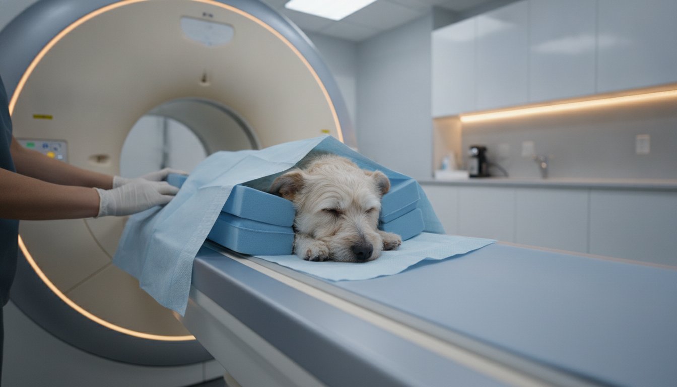 MRI 검사를 위해 검사대에 누워 있는 소형견