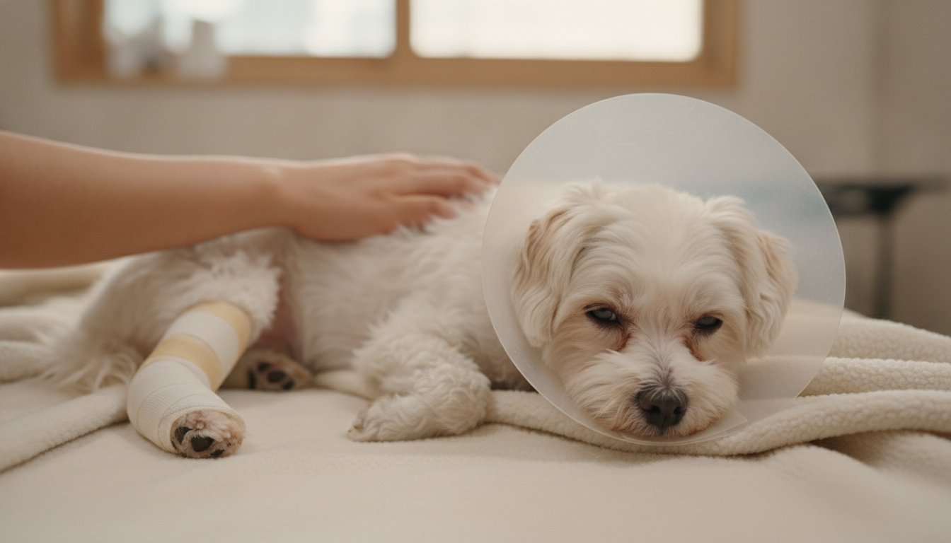 무릎 인대 재건 수술 후 부목을 하고 안정 중인 강아지