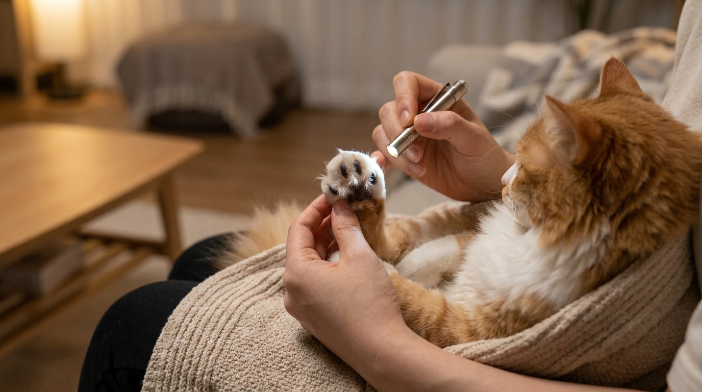 고양이 발가락 사이를 손전등으로 확인하는 모습