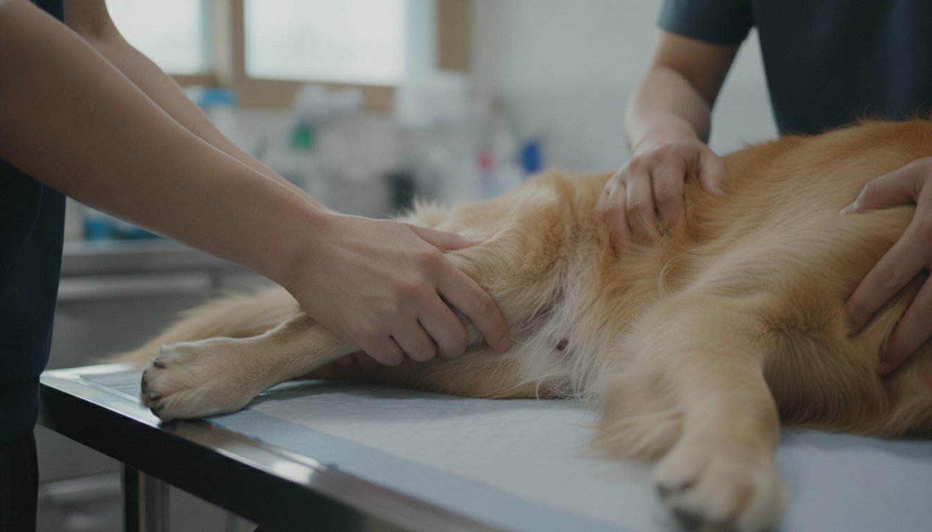 강아지 뒷다리 관절을 부드럽게 굽혀 촉진하는 손 클로즈업