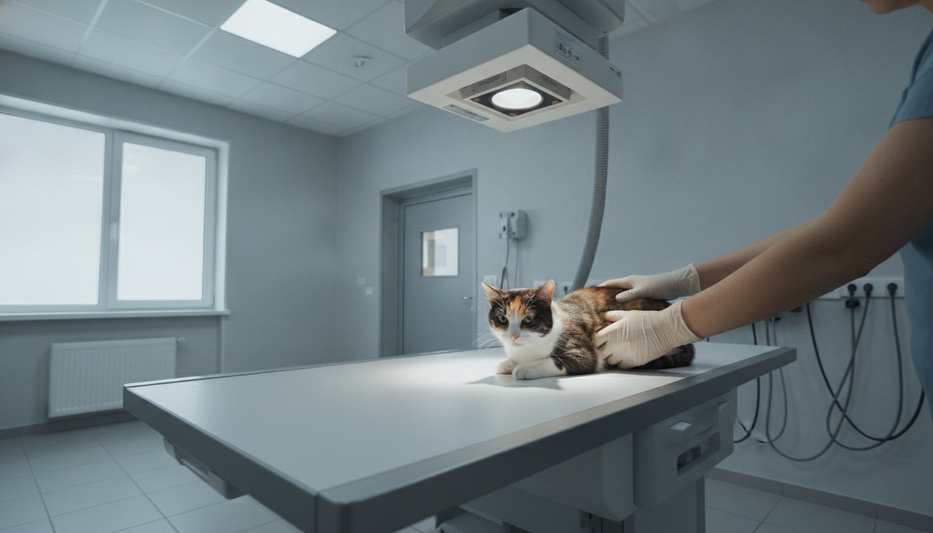 동물병원에서 X-ray 촬영을 준비하는 고양이
