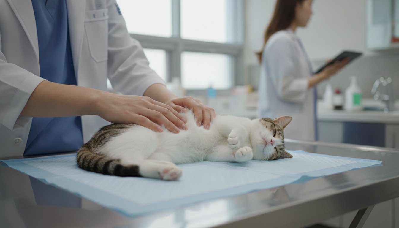 동물병원에서 복부를 촉진받는 고양이