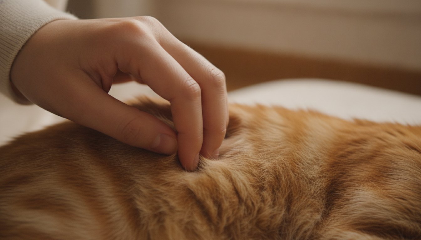 고양이 등의 작은 멍울을 손끝으로 확인하는 모습