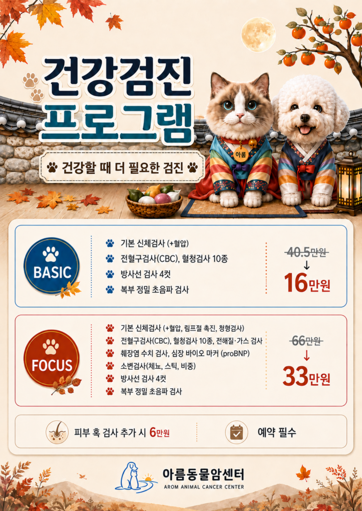 추석 맞이 건강검진 프로그램 — BASIC 40.5만원→16만원(기본 신체검사, CBC·혈청검사 10종, 방사선 4컷, 복부 정밀 초음파), FOCUS 66만원→33만원(림프절 촉진·정형검사, 전해질·가스, 췌장염 수치, 심장 바이오마커 proBNP, 소변검사 추가). 피부 혹 검사 추가 시 6만원, 예약 필수