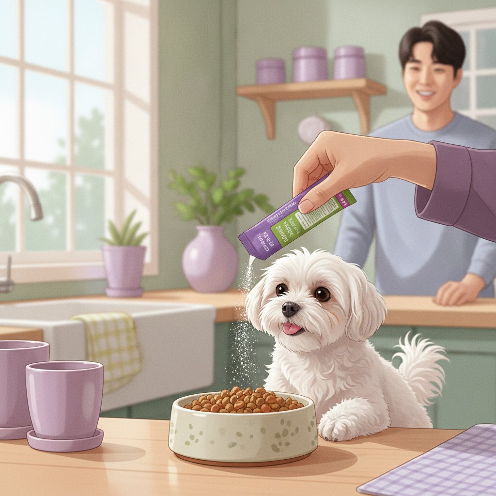 강아지 사료에 유산균 가루를 섞어 급여하는 모습