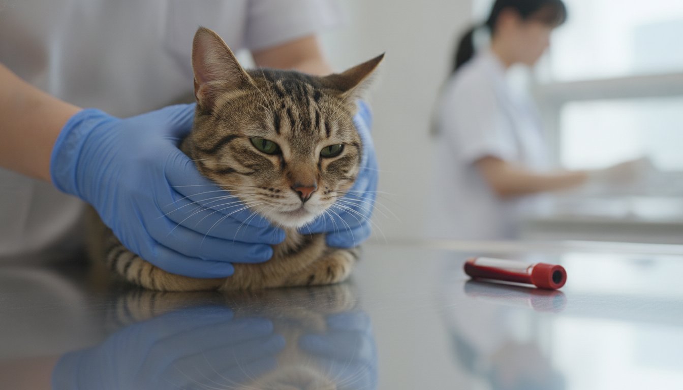 동물병원 진료대 위에서 검사를 받는 고양이