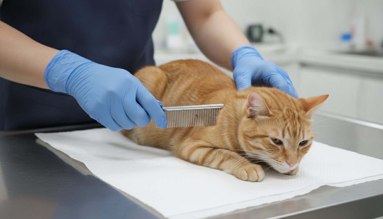 수의사가 벼룩 빗으로 고양이 털을 빗어 벼룩 여부를 확인하는 모습
