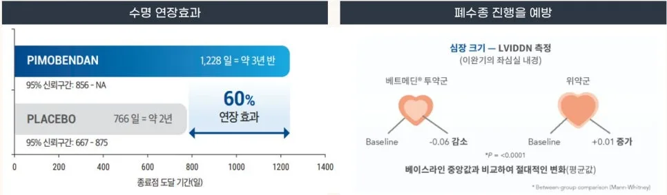 피모벤단 투여 시 생존 기간과 폐수종 진행을 비교한 연구 결과